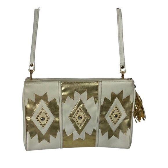 Handbags - Vintage White & Gold Aztec Geometric Leather Bag Eighties Vegan Leather Purse